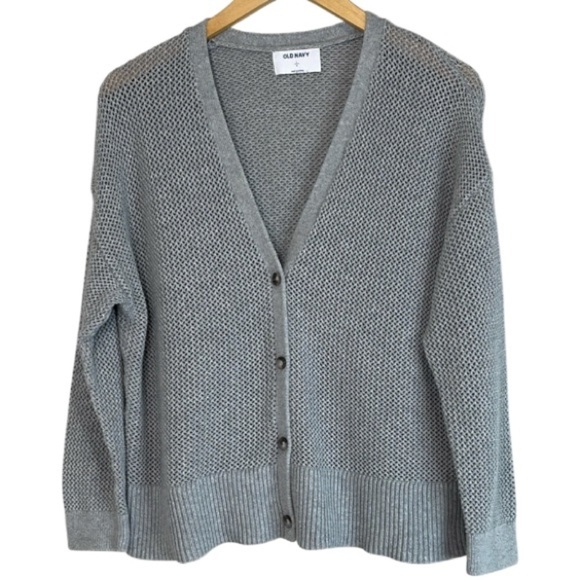 Old Navy Mesh Knit Cardigan Sweater Light Grey Cotton V-Neck Long Sleeve L - Picture 2 of 11